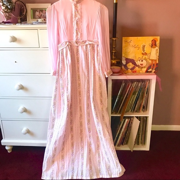 1960's True Vintage Loveshackfancy Ballet Pink Maxi Gown Floral Green XS Fairy S - Picture 1 of 16